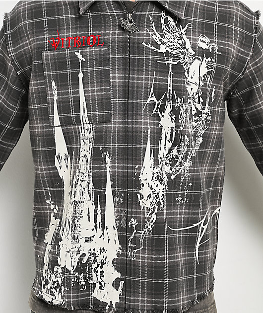 Vitriol Scorned Grey Plaid Flannel Zip Crop Shirt