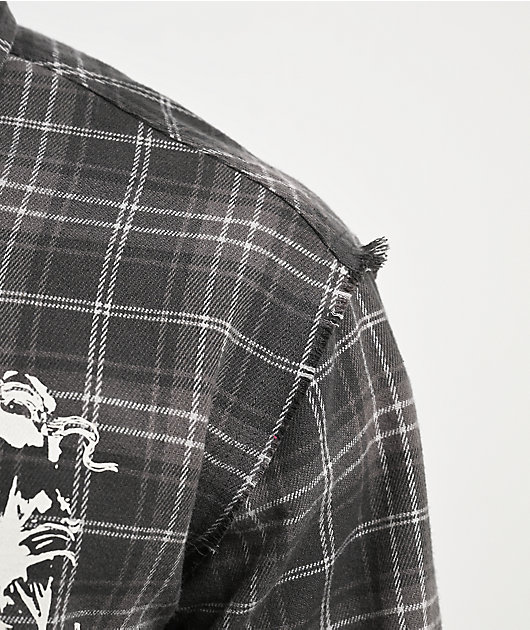 Vitriol Scorned Grey Plaid Flannel Zip Crop Shirt