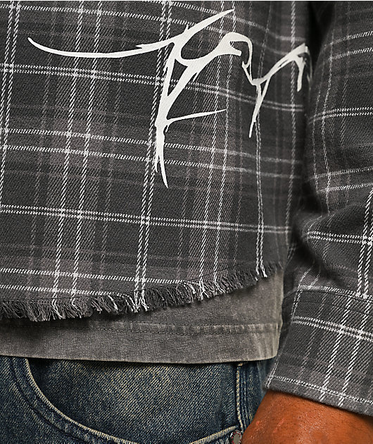 Vitriol Scorned Grey Plaid Flannel Zip Crop Shirt