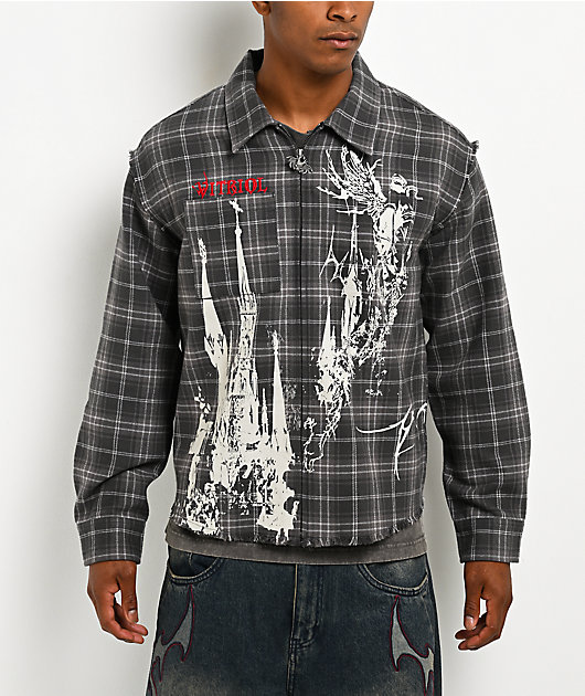 Vitriol Scorned Grey Plaid Flannel Zip Crop Shirt