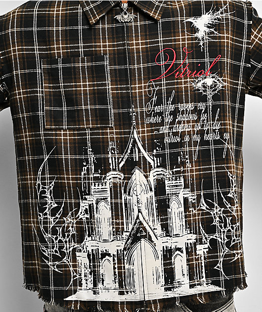 Vitriol Scorned Long Sleeve Black & Brown Flannel Crop Zip Shirt