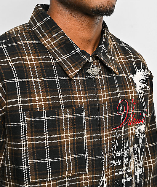 Vitriol Scorned Long Sleeve Black & Brown Flannel Crop Zip Shirt