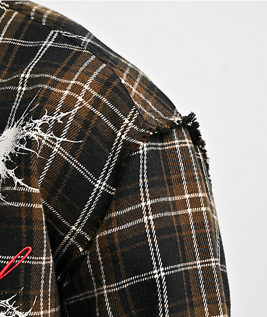Vitriol Scorned Long Sleeve Black & Brown Flannel Crop Zip Shirt