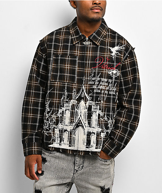 Vitriol Scorned Long Sleeve Black & Brown Flannel Crop Zip Shirt