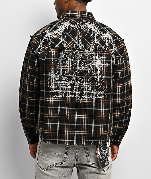 Vitriol Scorned Long Sleeve Black & Brown Flannel Crop Zip Shirt
