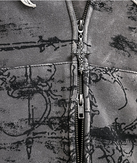 Vitriol Scrolls Grey Wash Crop Zip Hoodie