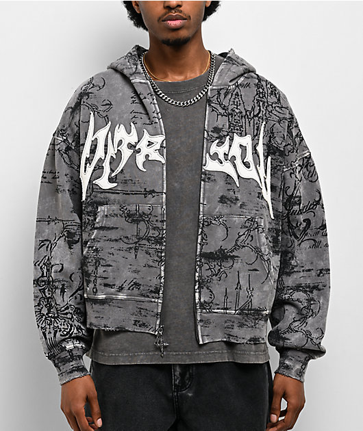 Vitriol Scrolls Grey Wash Crop Zip Hoodie | Zumiez