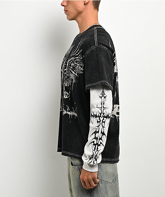 Vitriol Summoned Black Wash & White 2fer Long Sleeve T-Shirt