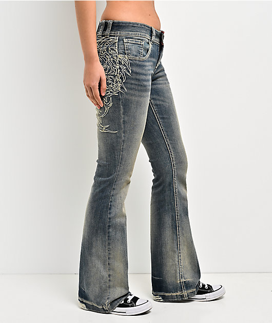 Vitriol Tabitha Wings Blue Wash Low Rise Bootcut Jeans