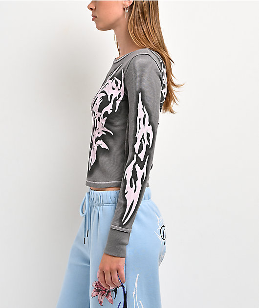 Vitriol Theo Grey Thermal Long Sleeve Crop T-Shirt