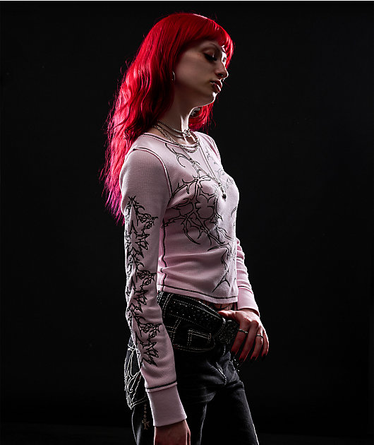 Vitriol Theo Heart Pink Thermal Long Sleeve Crop T-Shirt