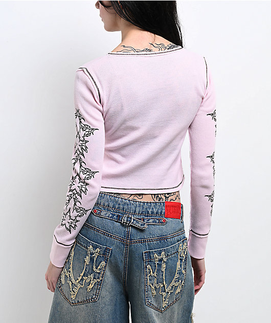 Vitriol Theo Heart Pink Thermal Long Sleeve Crop T-Shirt