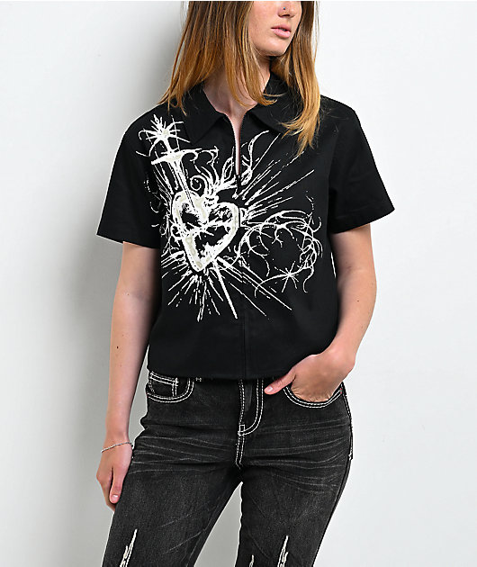 Vitriol Valerie Black Crop Zip Short Sleeve Shirt
