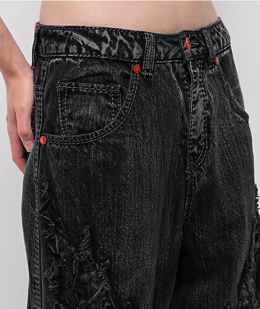 Vitriol Verona Applique Black Washed Wide Leg Jeans