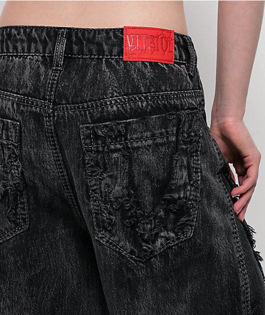 Vitriol Verona Applique Black Washed Wide Leg Jeans
