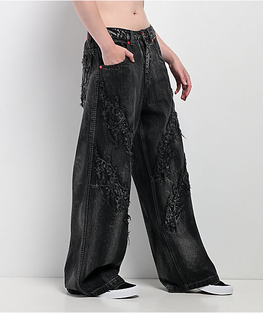 Vitriol Verona Applique Black Washed Wide Leg Jeans