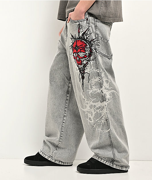 Vitriol Void Cyber Skull Grey Wide Leg Jeans