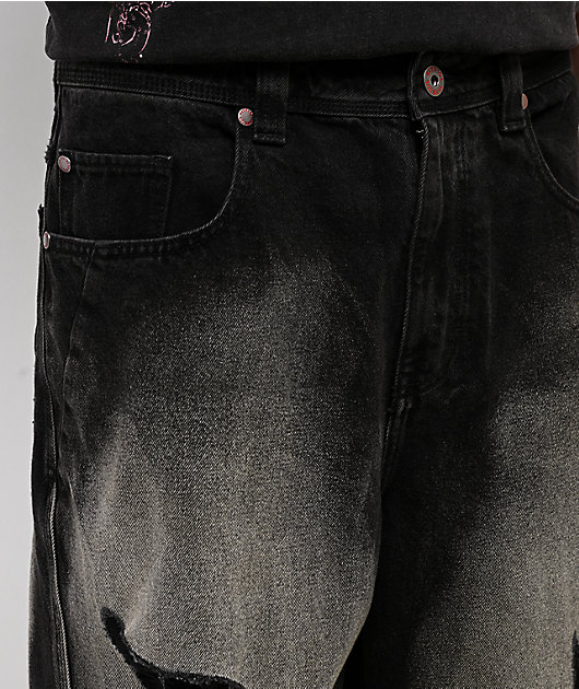 Vitriol Void Depth Distressed Black Wash Wide Leg Jeans
