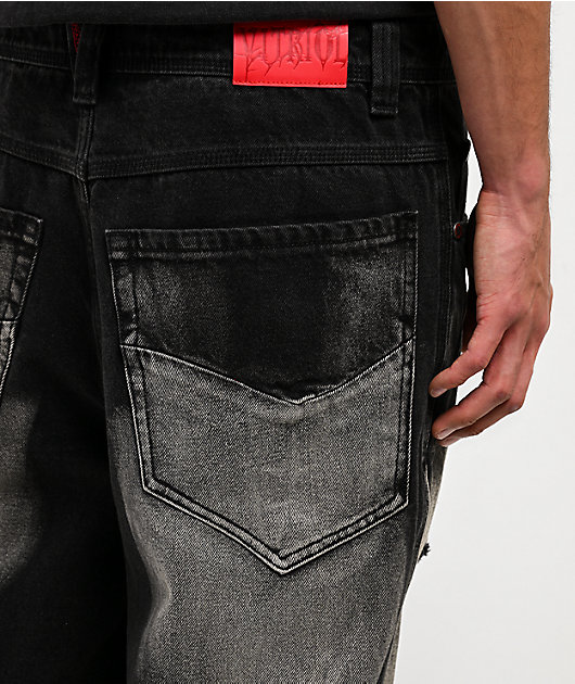 Vitriol Void Depth Distressed Black Wash Wide Leg Jeans