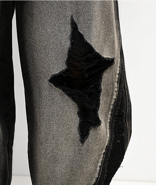 Vitriol Void Depth Distressed Black Wash Wide Leg Jeans