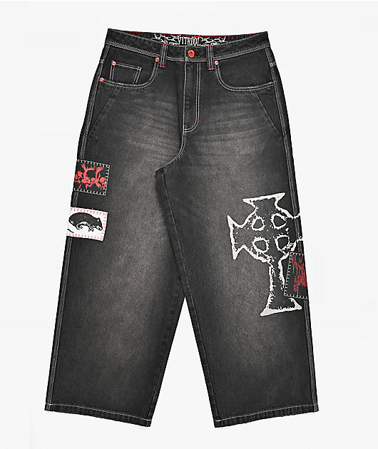 Vitriol Void Patched Black Wash Ultra Wide Leg Jeans