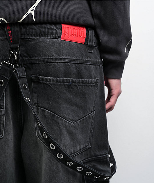 Vitriol Void Strap Black Wash Ultra Wide Cargo Jeans