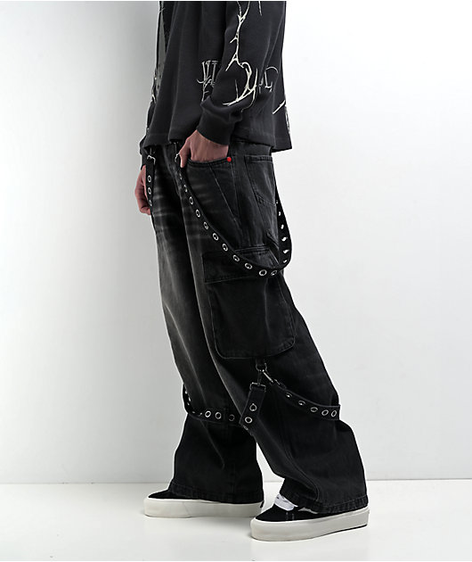 Vitriol Void Strap Black Wash Ultra Wide Cargo Jeans