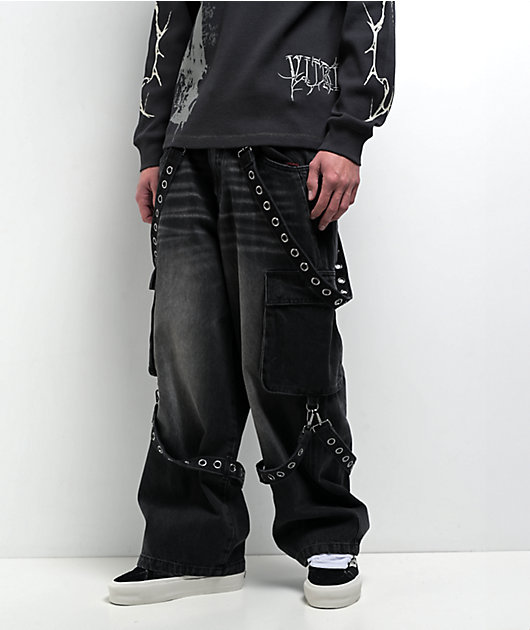 Vitriol Void Strap Black Wash Ultra Wide Cargo Jeans