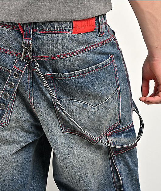 Vitriol Void Strappy Blue Wash Wide Leg Cargo Jeans