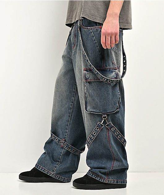 Vitriol Void Strappy Blue Wash Wide Leg Jeans
