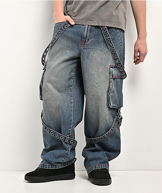 Vitriol Void Strappy Blue Wash Wide Leg Jeans