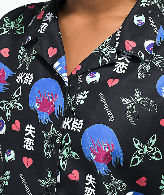 Vitriol Ziggy Anime Print Black Short Sleeve Button Up Shirt