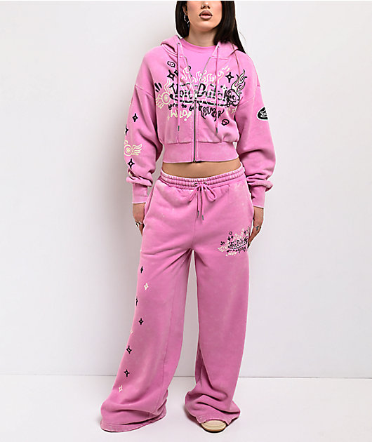 Von Dutch Cyclamen Pink Wash Crop Zip Hoodie