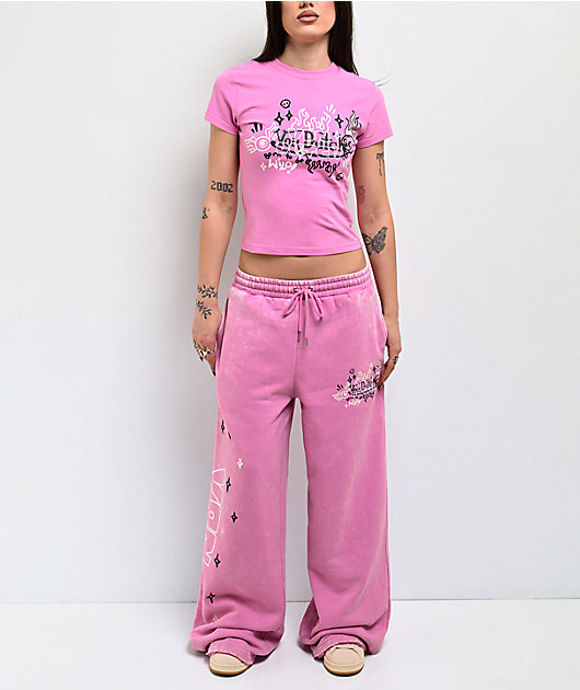 Von Dutch Cyclamen Pink Wash Wide Leg Sweatpants
