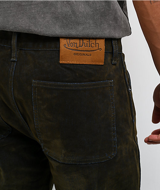 Von Dutch Double Knee Olive Flocked Denim Pants