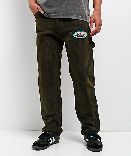 Von Dutch Double Knee Olive Flocked Denim Pants | Zumiez