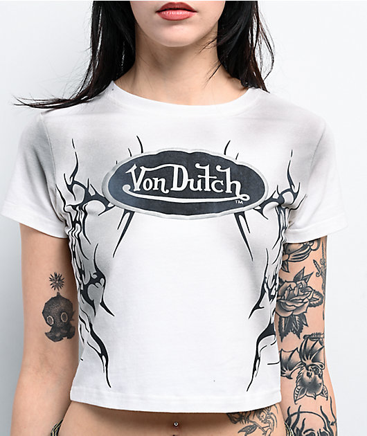 Von Dutch Gardenia Mineral Wash White Crop T-Shirt