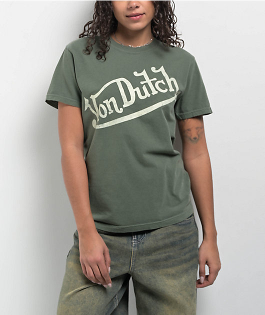 Von Dutch☆ロゴ プリント コットン 半袖Ｔシャツ グリーン Von Dutch☆ロゴプリント コットン 半袖 Tシャツ グリーン