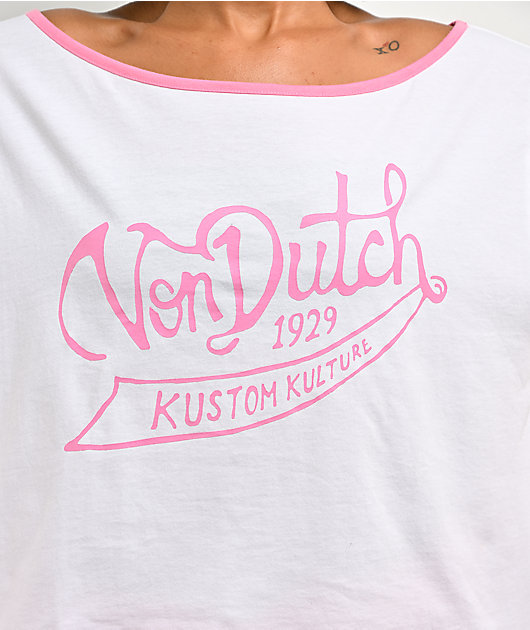 Von Dutch Off Shoulder Pink & White Lounge Set