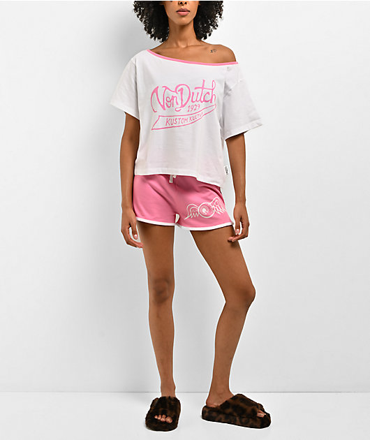Von Dutch Off Shoulder Pink & White Lounge Set