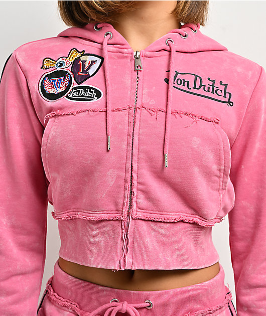 Von Dutch Rope Pink Wash Crop Zip Hoodie