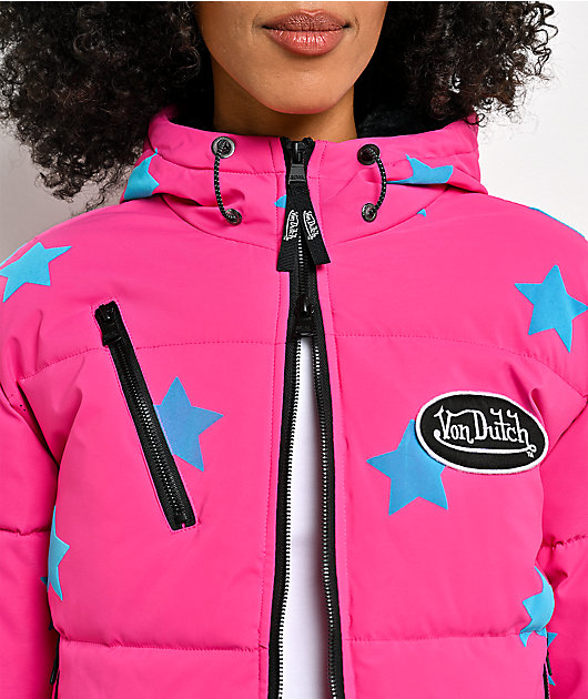 Von Dutch Star Pink & Black Crop Puffer Jacket
