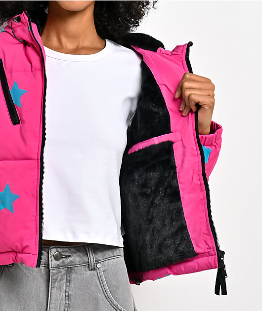 Von Dutch Star Pink & Black Crop Puffer Jacket