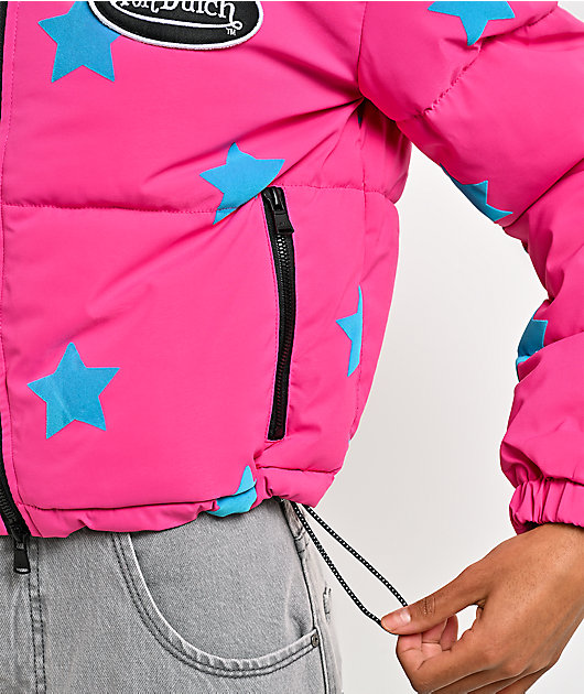 Von Dutch Star Pink & Black Crop Puffer Jacket