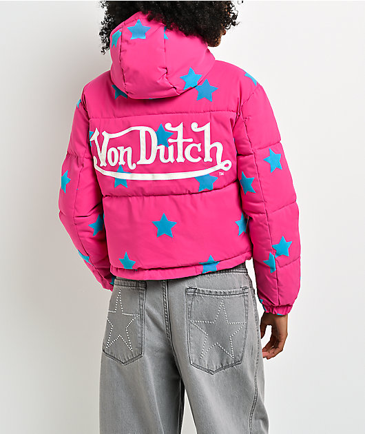 Von Dutch Star Pink & Black Crop Puffer Jacket
