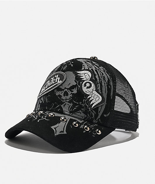 Von Dutch Studded Black Suede Trucker Hat