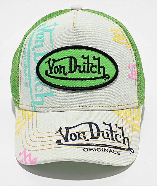【Von Dutch】 Logo Blue Denim/Olive Green キャップ 帽子 Von Dutch Tagged Denim & Green Trucker Hat | Zumiez