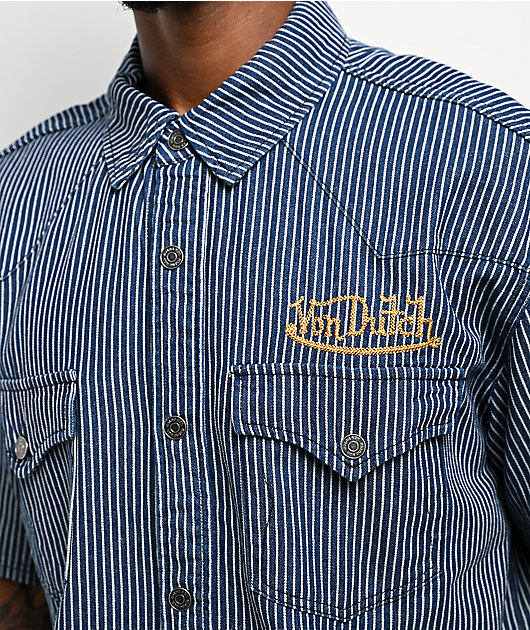 Von Dutch The Dean Navy Stripe Crop Short Sleeve Button Up Shirt