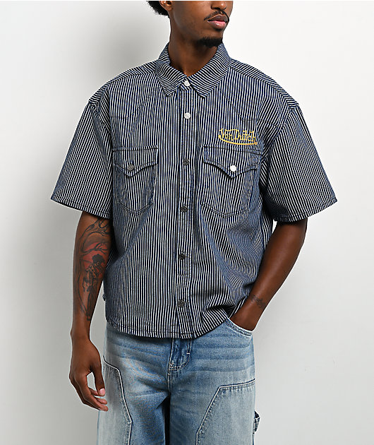 Von Dutch The Dean Navy Stripe Crop Short Sleeve Button Up Shirt