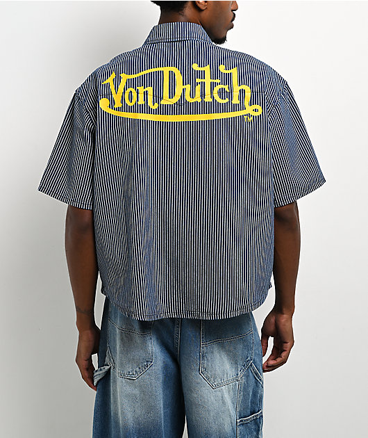 Von Dutch The Dean Navy Stripe Crop Short Sleeve Button Up Shirt